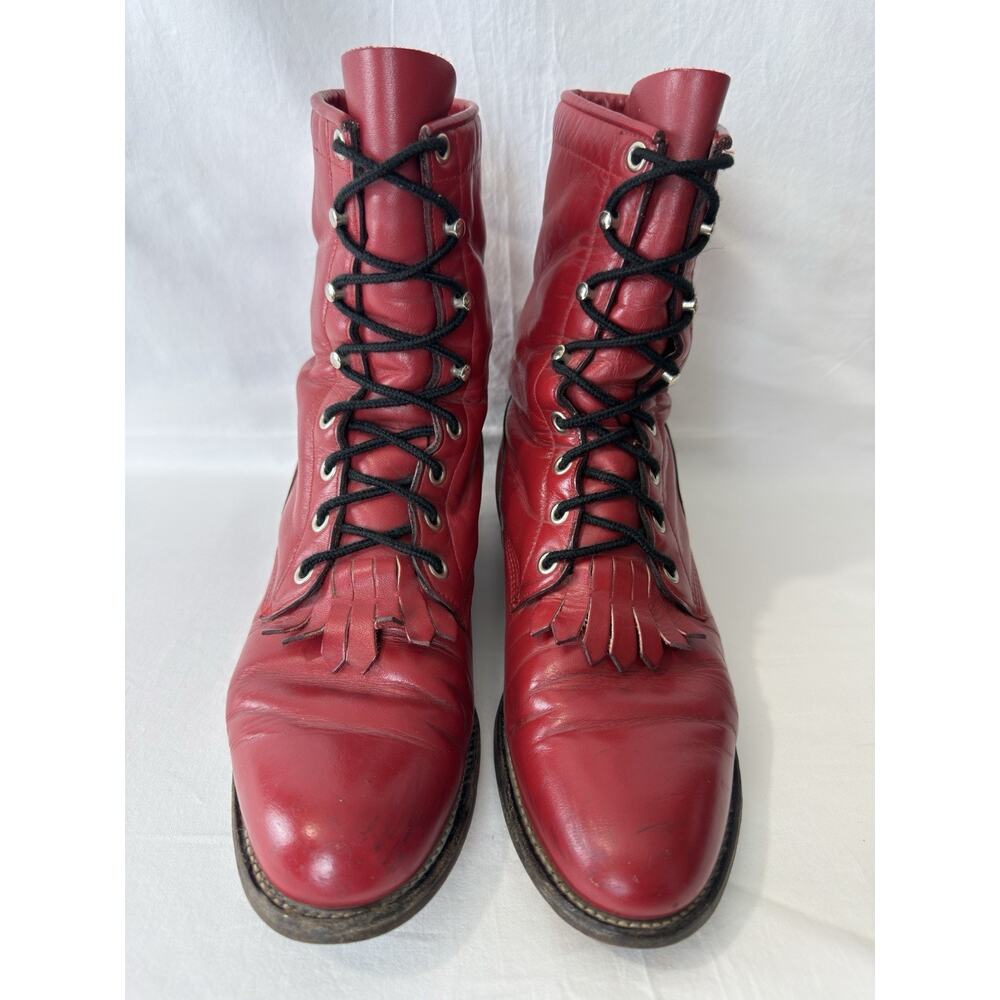 Justin Boots Red Lace-Up Leather Boots - Picture 3 of 11